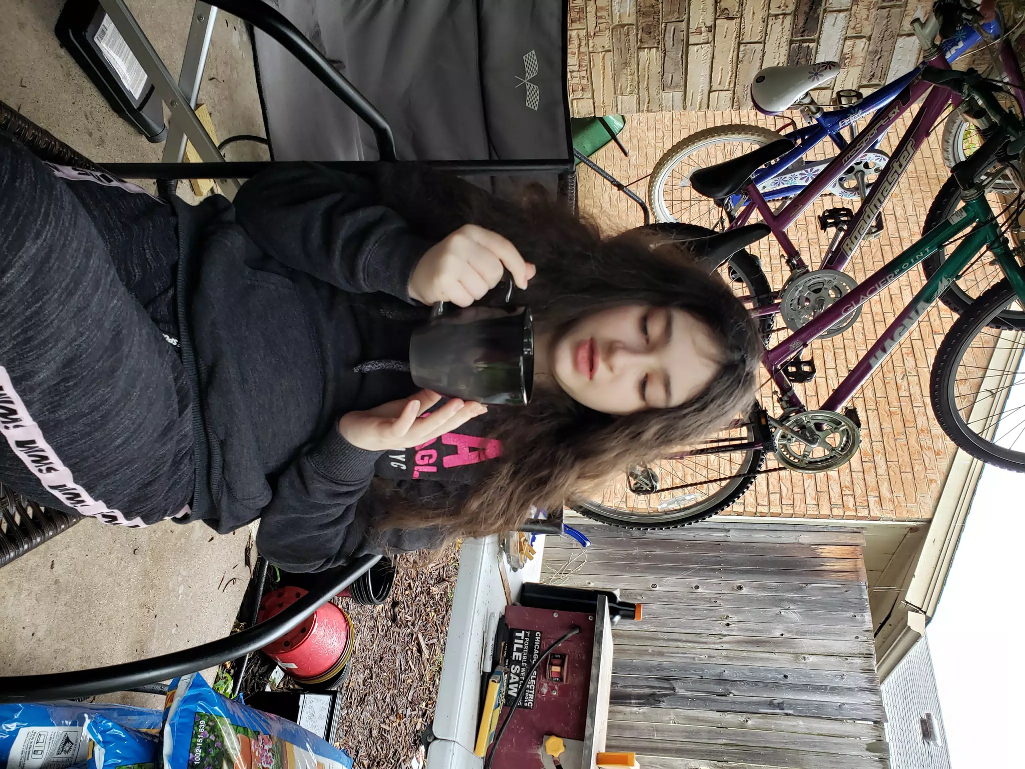 Liesl with Coffee on Patio