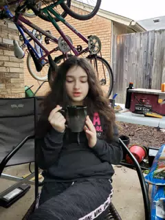 Liesl with Coffee on Patio