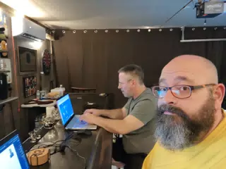 Paul and I Working from Bennie's Bar