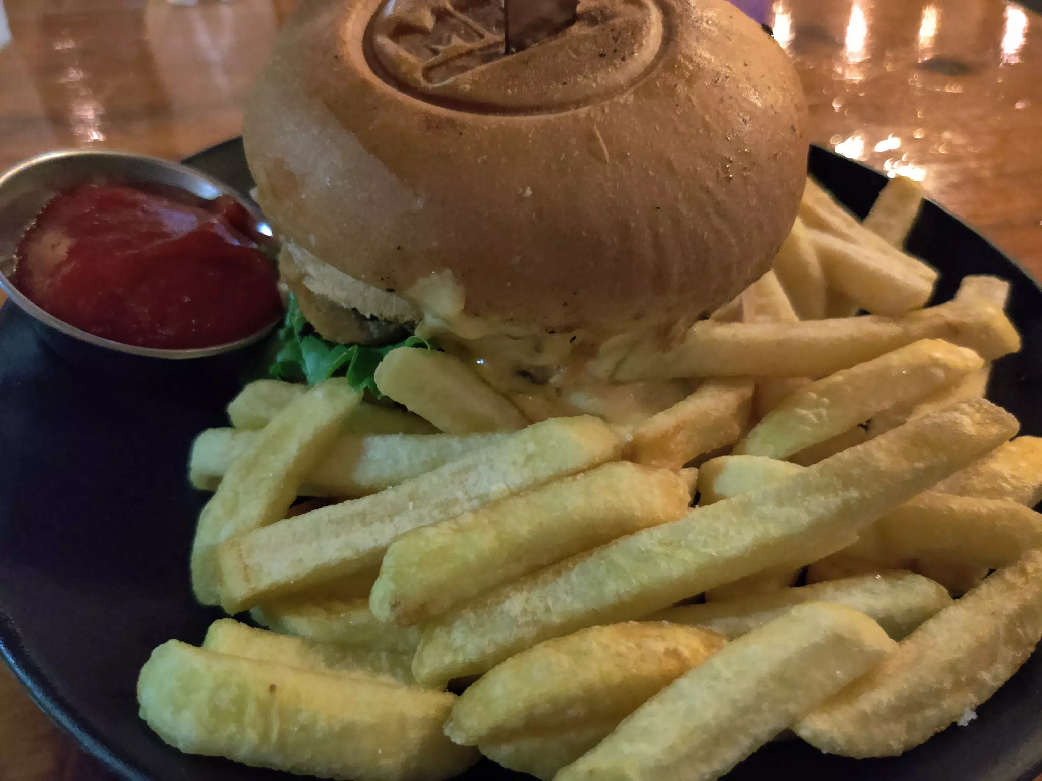 Mushroom Burger and Fries at Meltz in Tegucigalpa