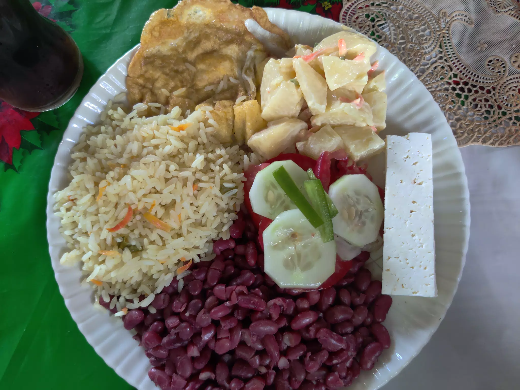 Rice, Beans, Eggs, Potatoes, Cheese and Salad in Honduras