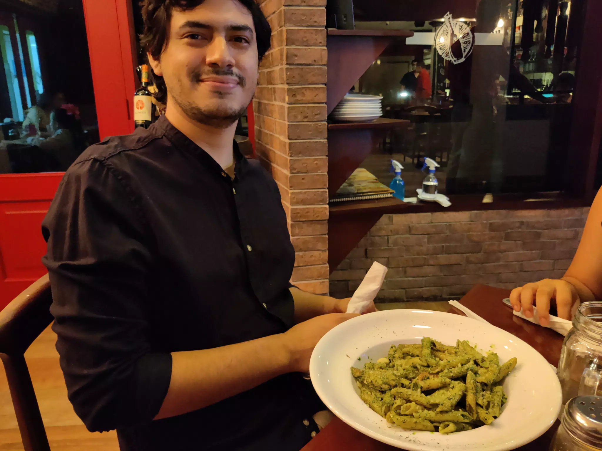 Luis with Penne Pesto at Pane e Vino