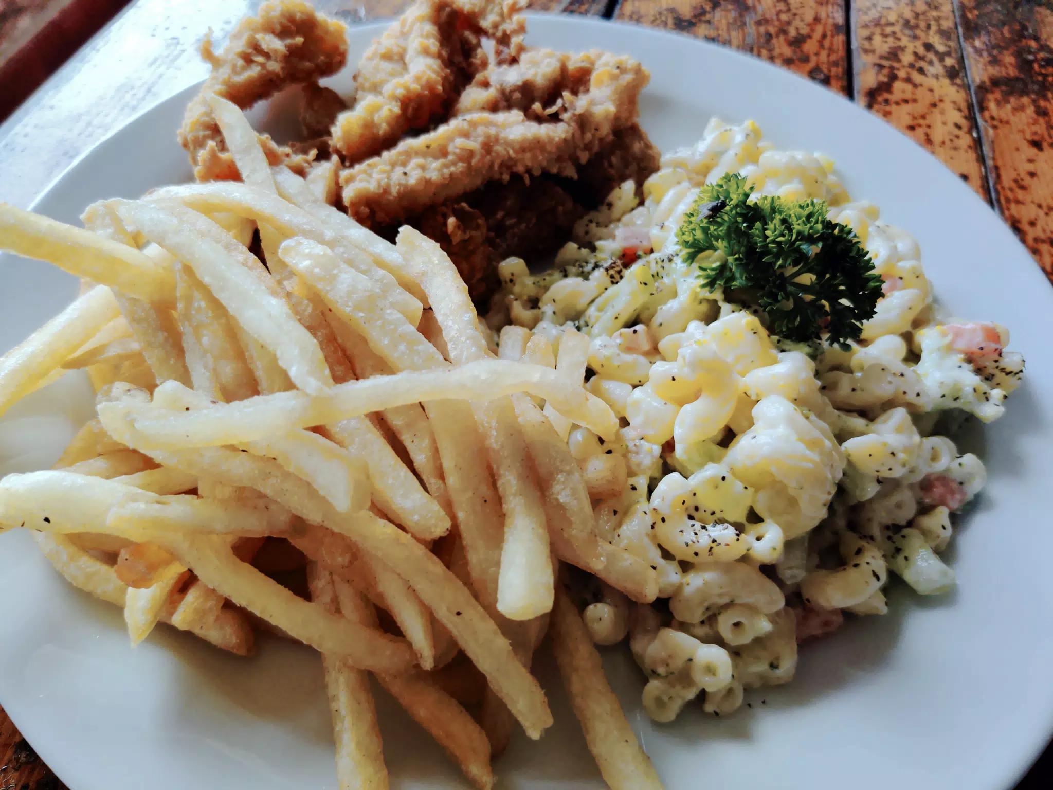 Fish Fingers, Fries, and Mac Salad