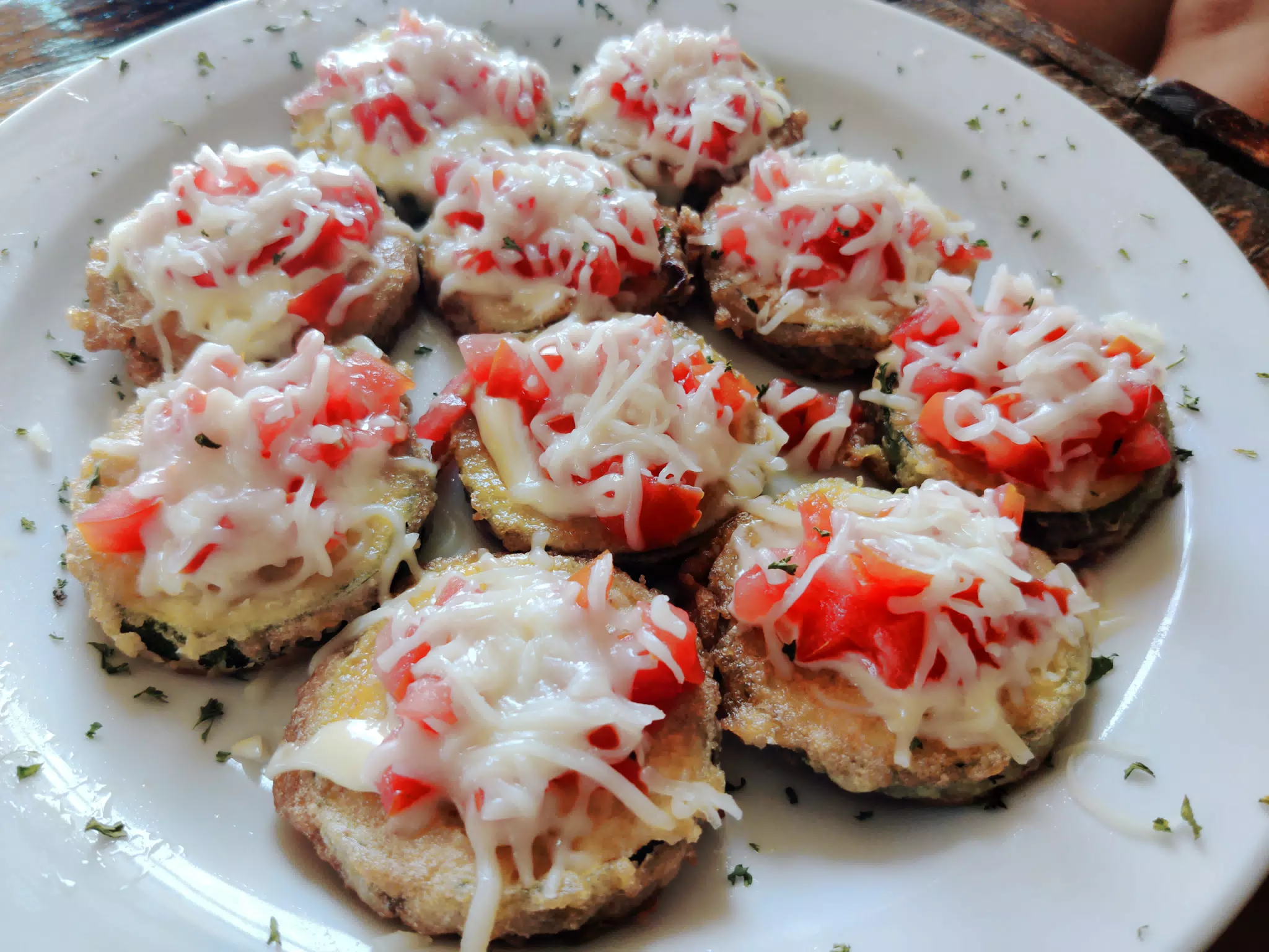 Tapas: Tomato and Cheese on Fried Zucchini