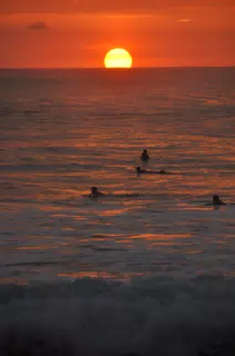 Swimmers in Reflection of Sunset on the Pacific Ocean
