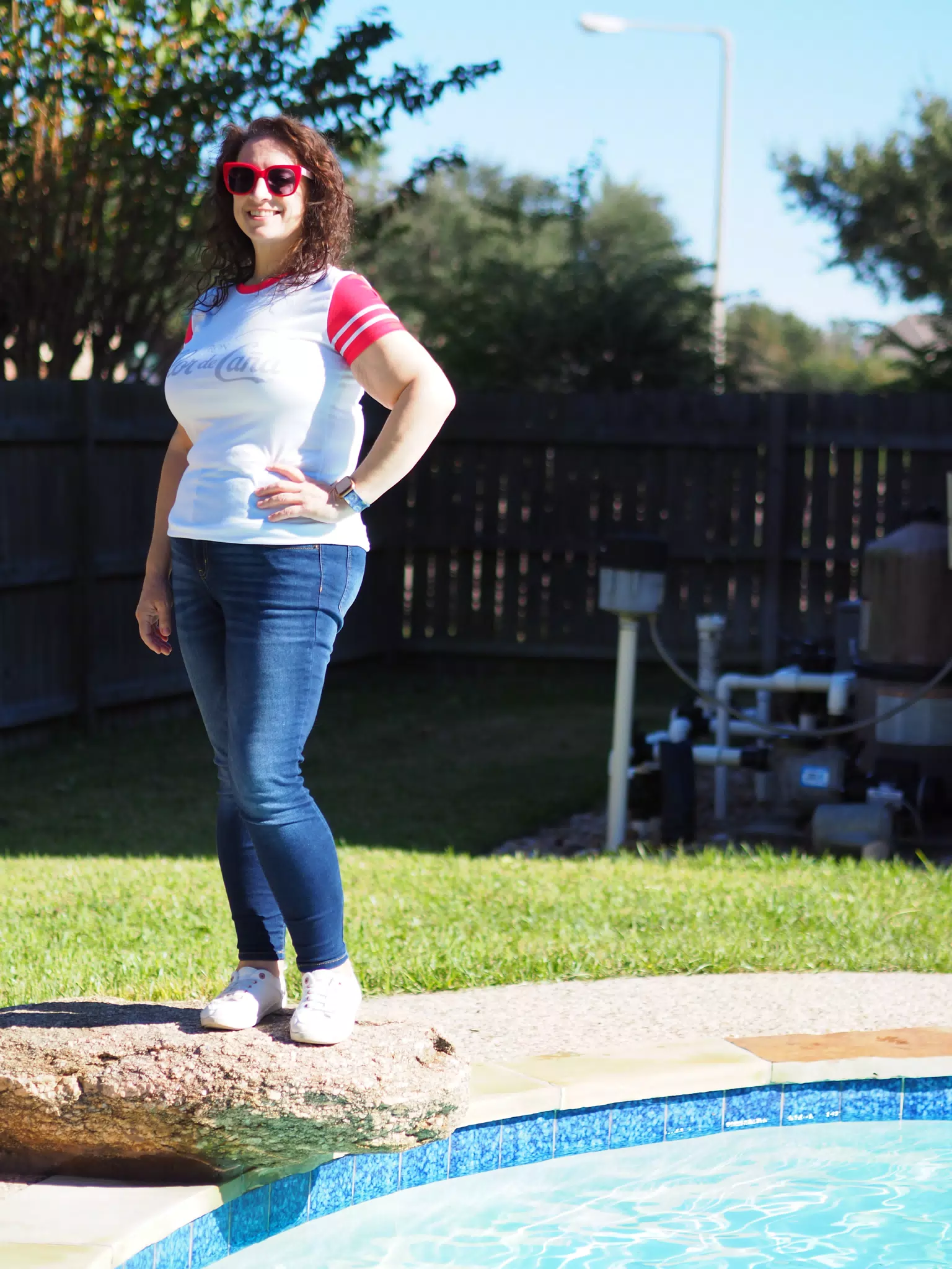 Dominica Posing by Back Yard Swimming Pool in Texas