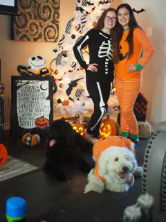 Madeline & Emily w Dogs in Halloween Pajama Photoshoot