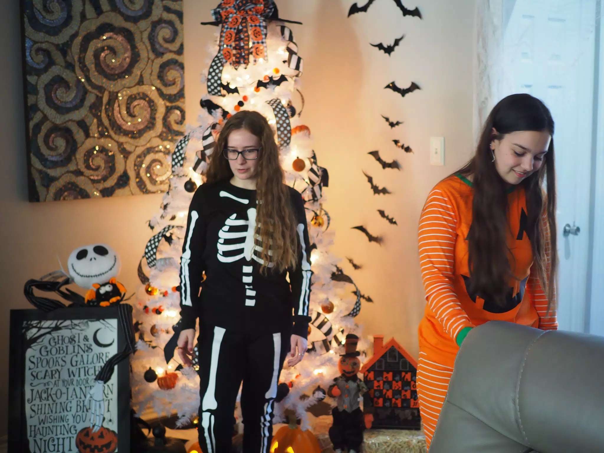 Madeline & Emily w Dogs in Halloween Pajama Photoshoot
