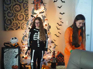 Madeline & Emily w Dogs in Halloween Pajama Photoshoot