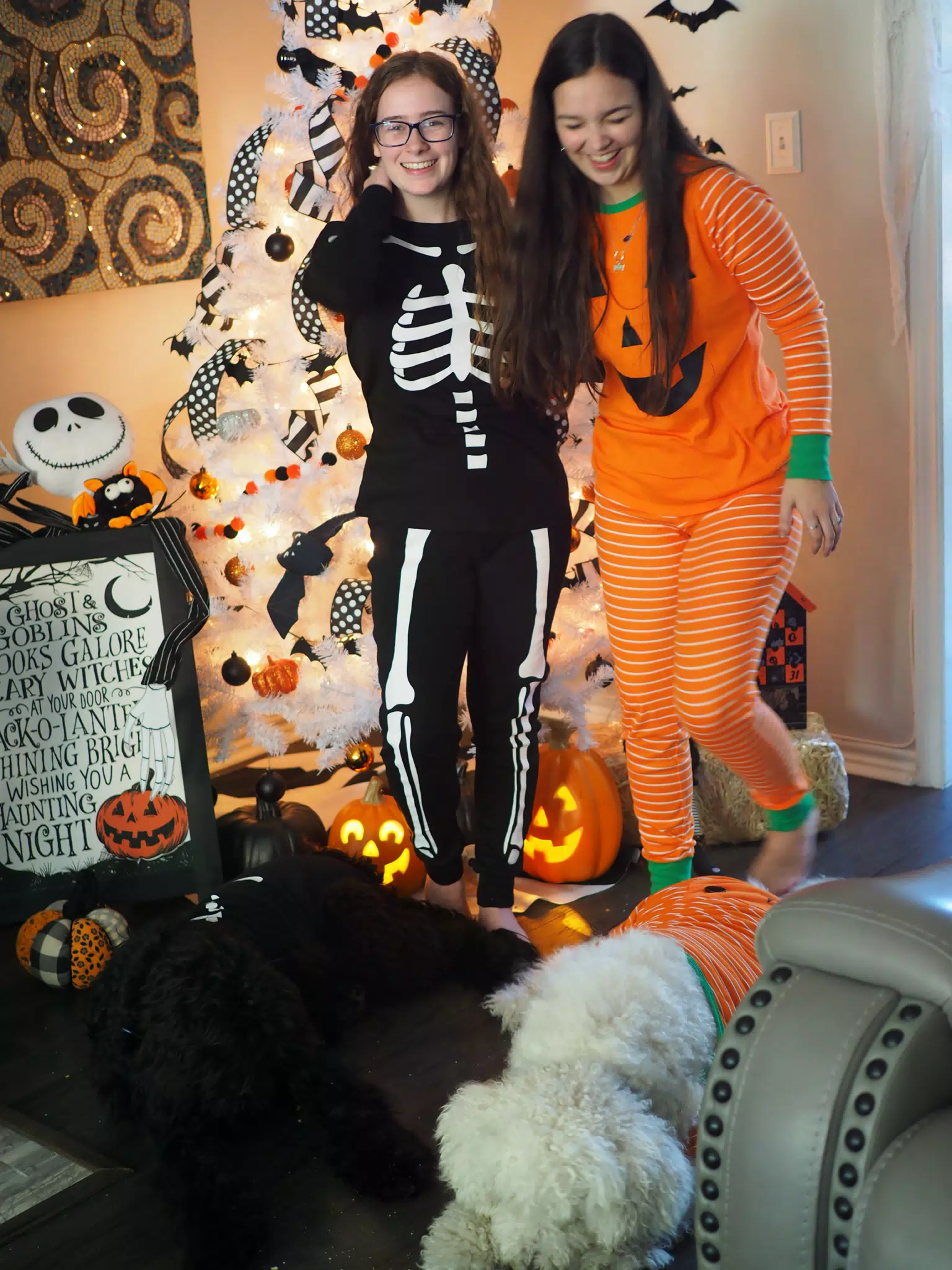 Madeline & Emily w Dogs in Halloween Pajama Photoshoot