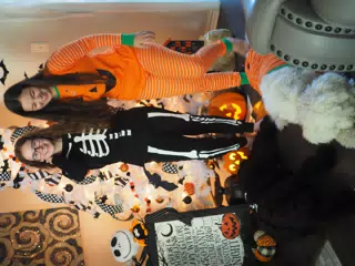 Madeline & Emily w Dogs in Halloween Pajama Photoshoot