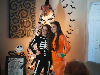 Madeline & Emily w Dogs in Halloween Pajama Photoshoot