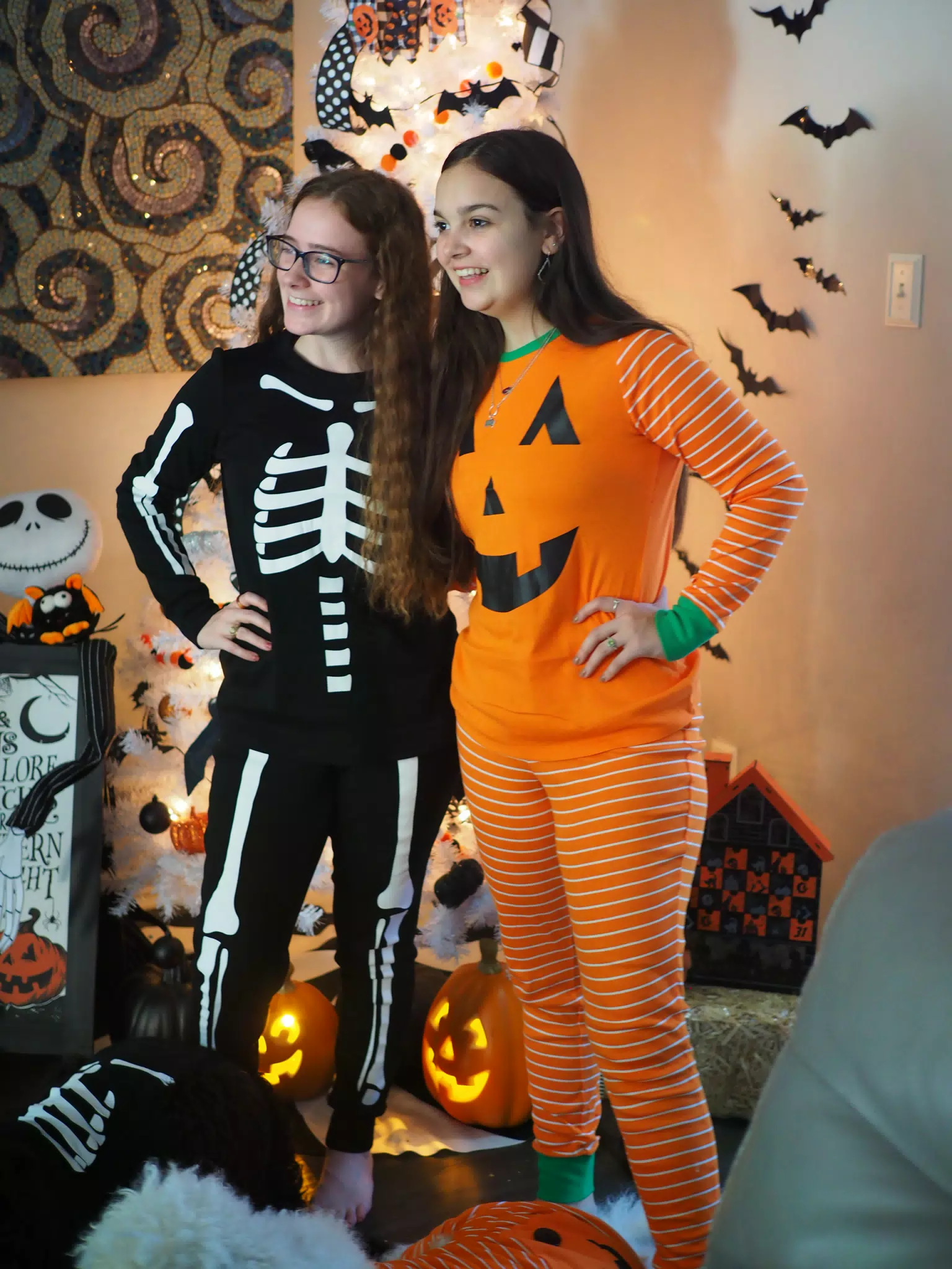 Madeline & Emily w Dogs in Halloween Pajama Photoshoot