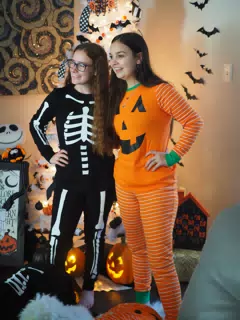 Madeline & Emily w Dogs in Halloween Pajama Photoshoot