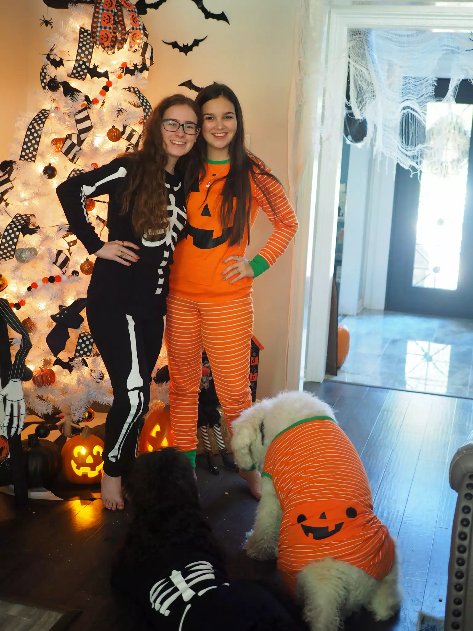 Madeline & Emily w Dogs in Halloween Pajama Photoshoot