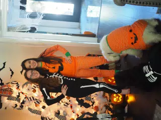 Madeline & Emily w Dogs in Halloween Pajama Photoshoot