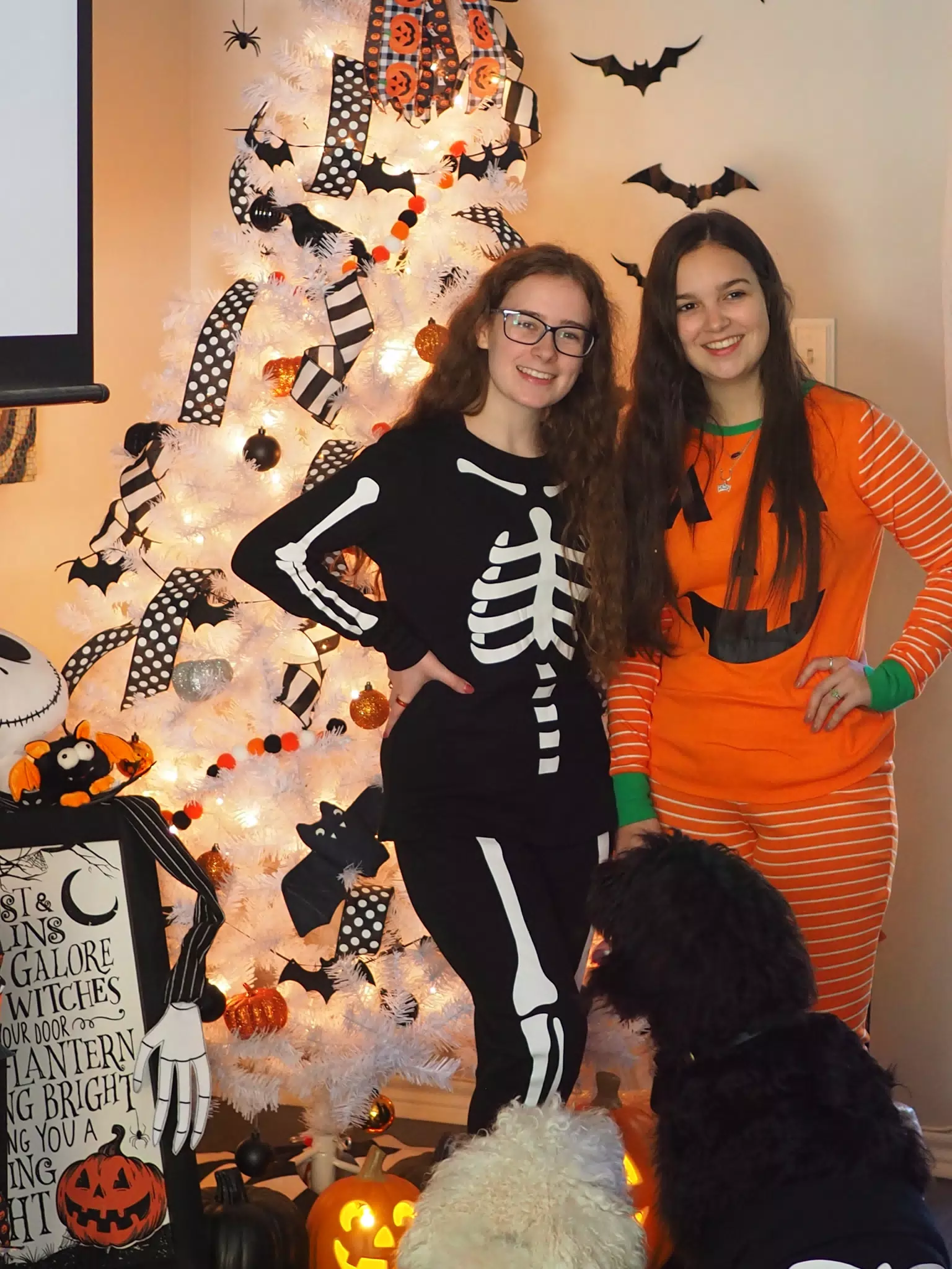 Madeline & Emily w Dogs in Halloween Pajama Photoshoot
