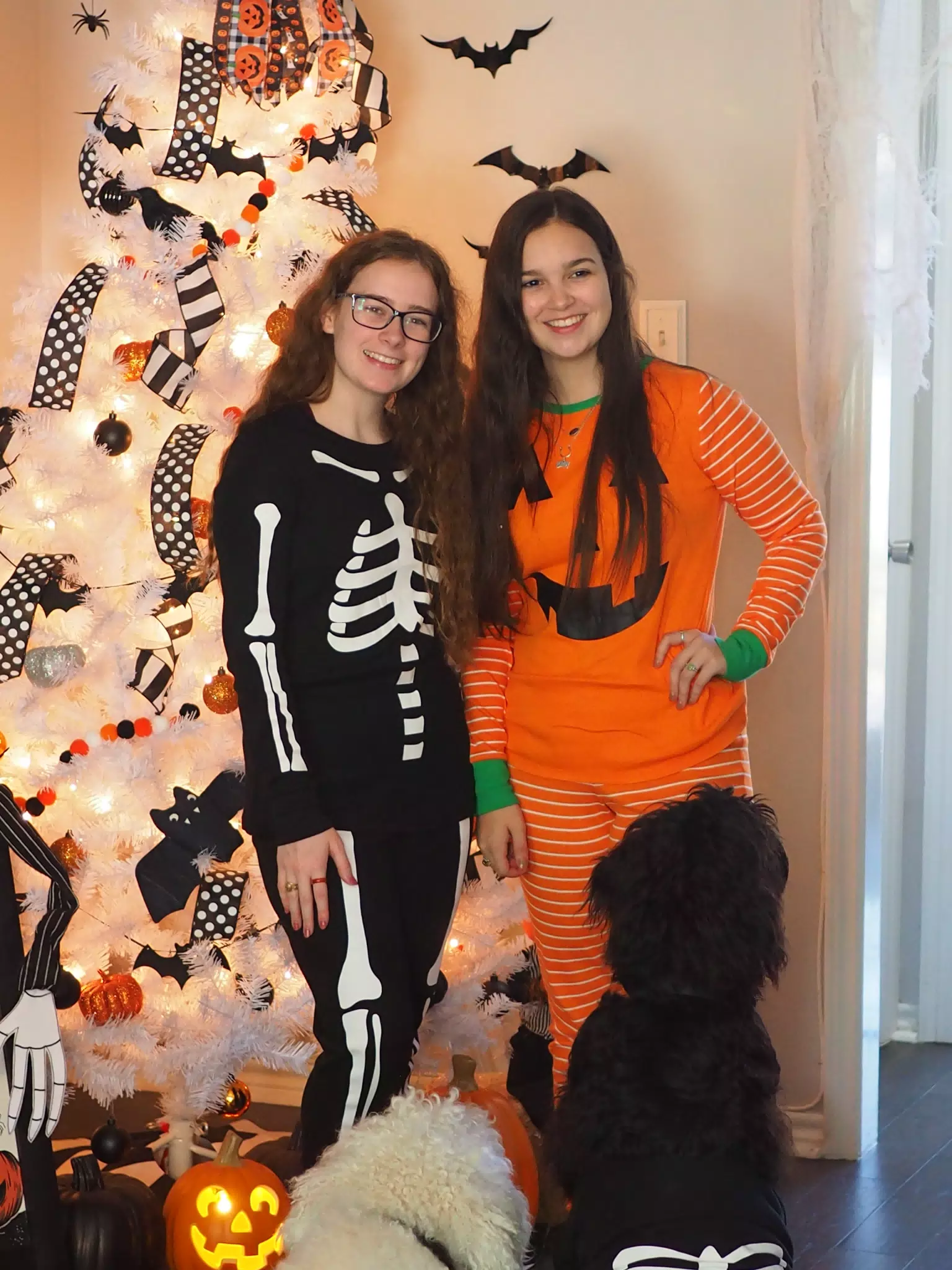 Madeline & Emily w Dogs in Halloween Pajama Photoshoot