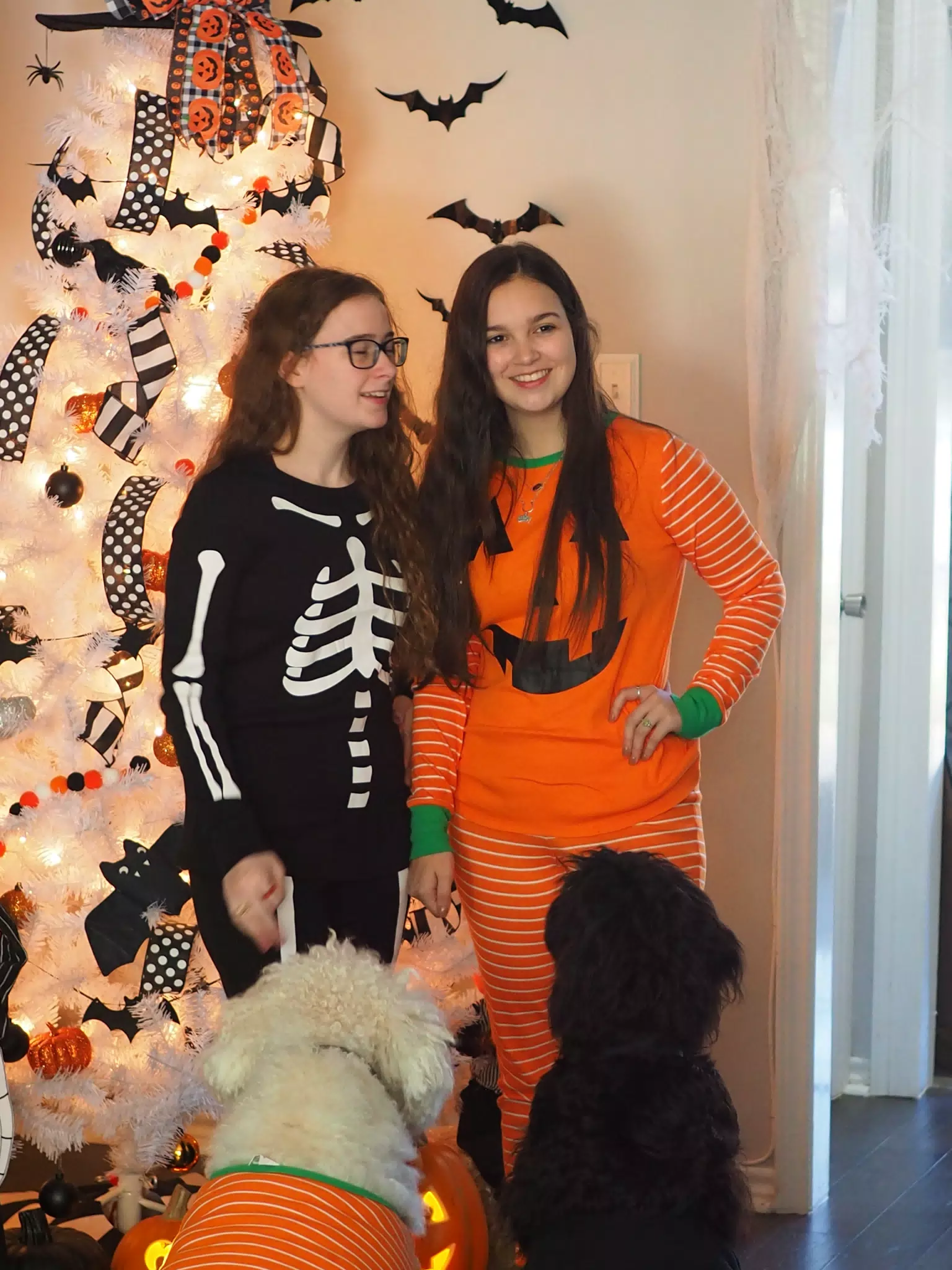 Madeline & Emily w Dogs in Halloween Pajama Photoshoot