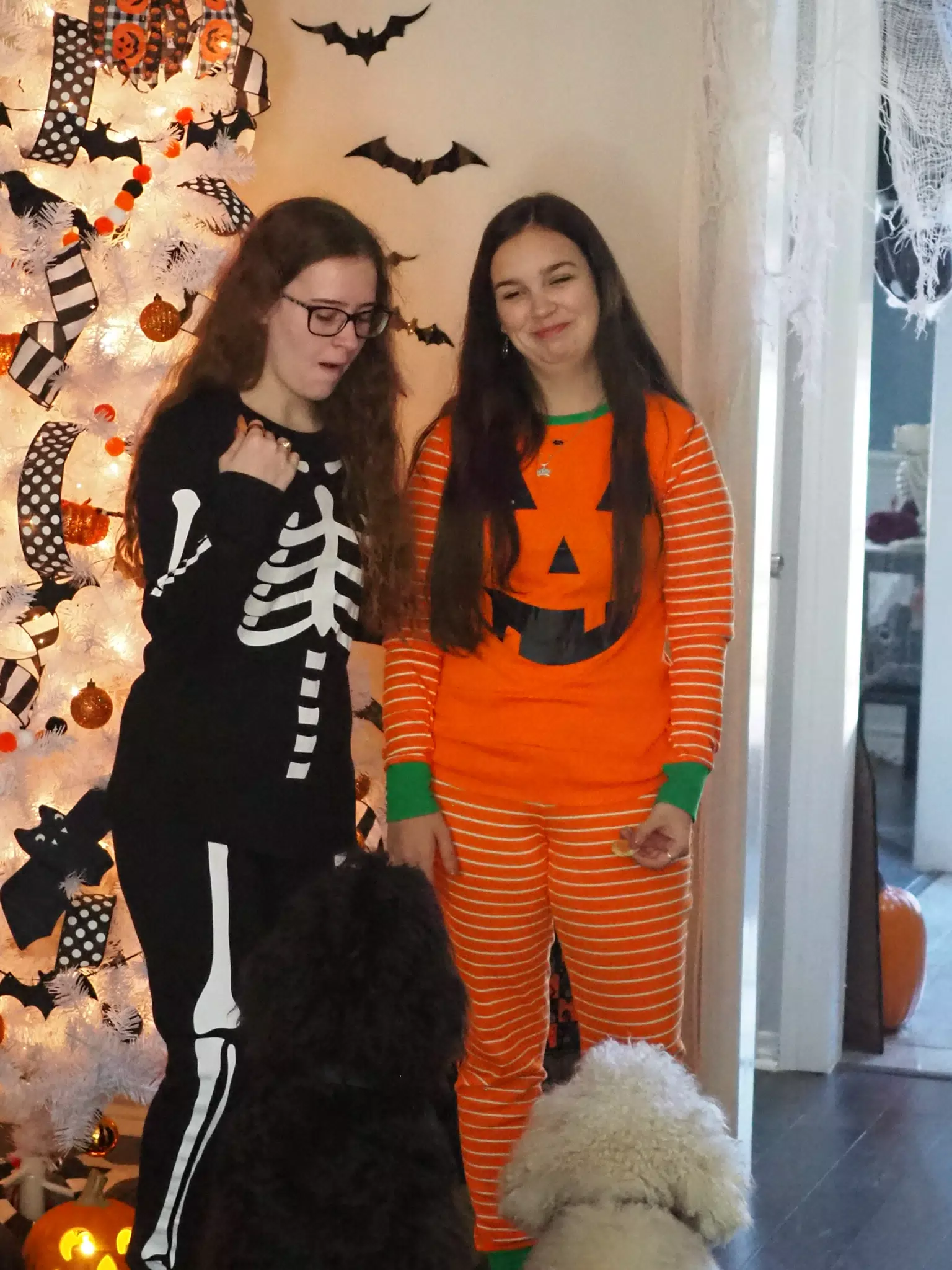 Madeline & Emily w Dogs in Halloween Pajama Photoshoot