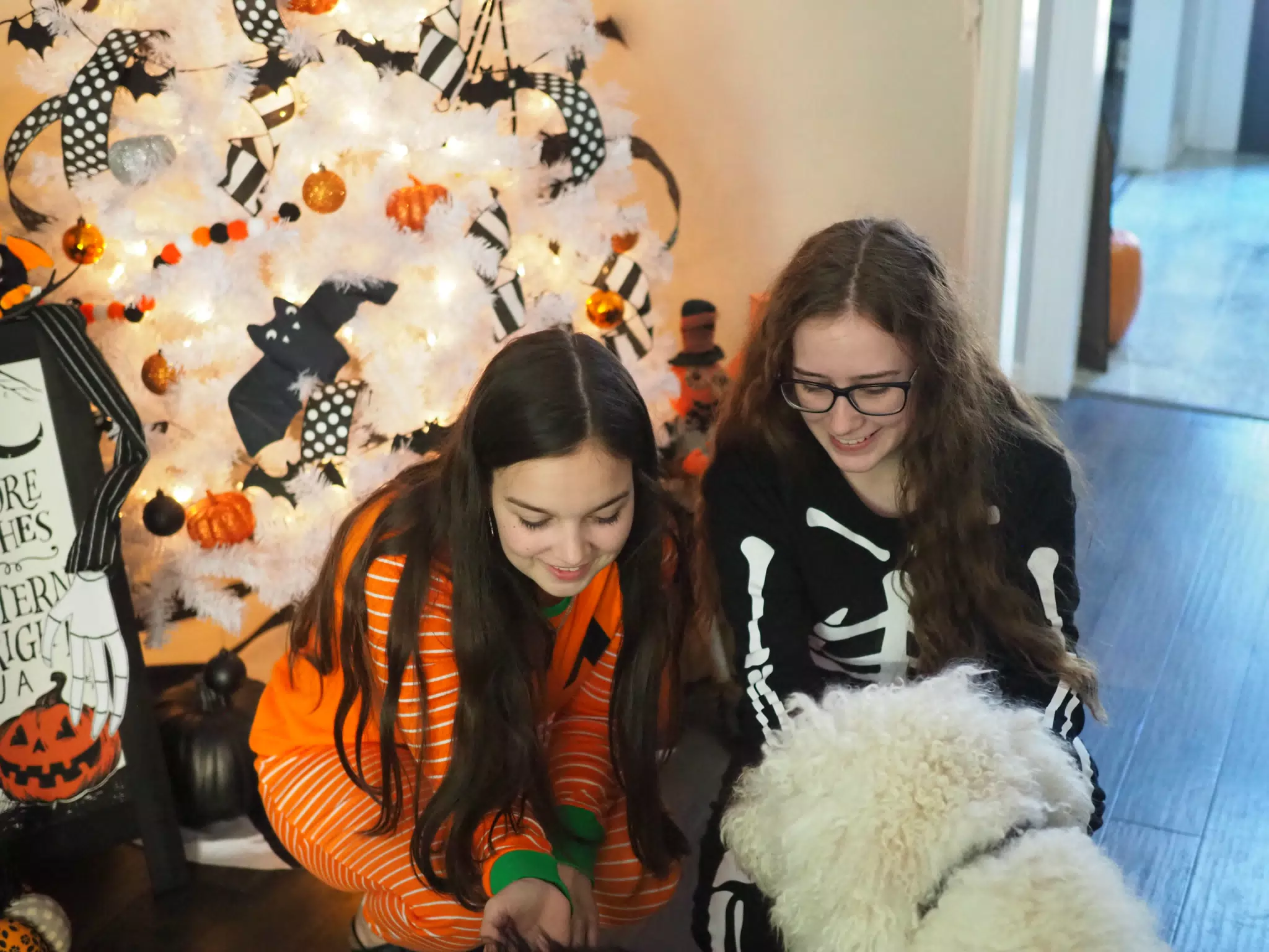 Madeline & Emily w Dogs in Halloween Pajama Photoshoot