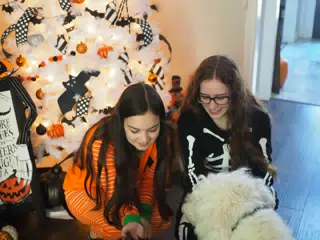 Madeline & Emily w Dogs in Halloween Pajama Photoshoot
