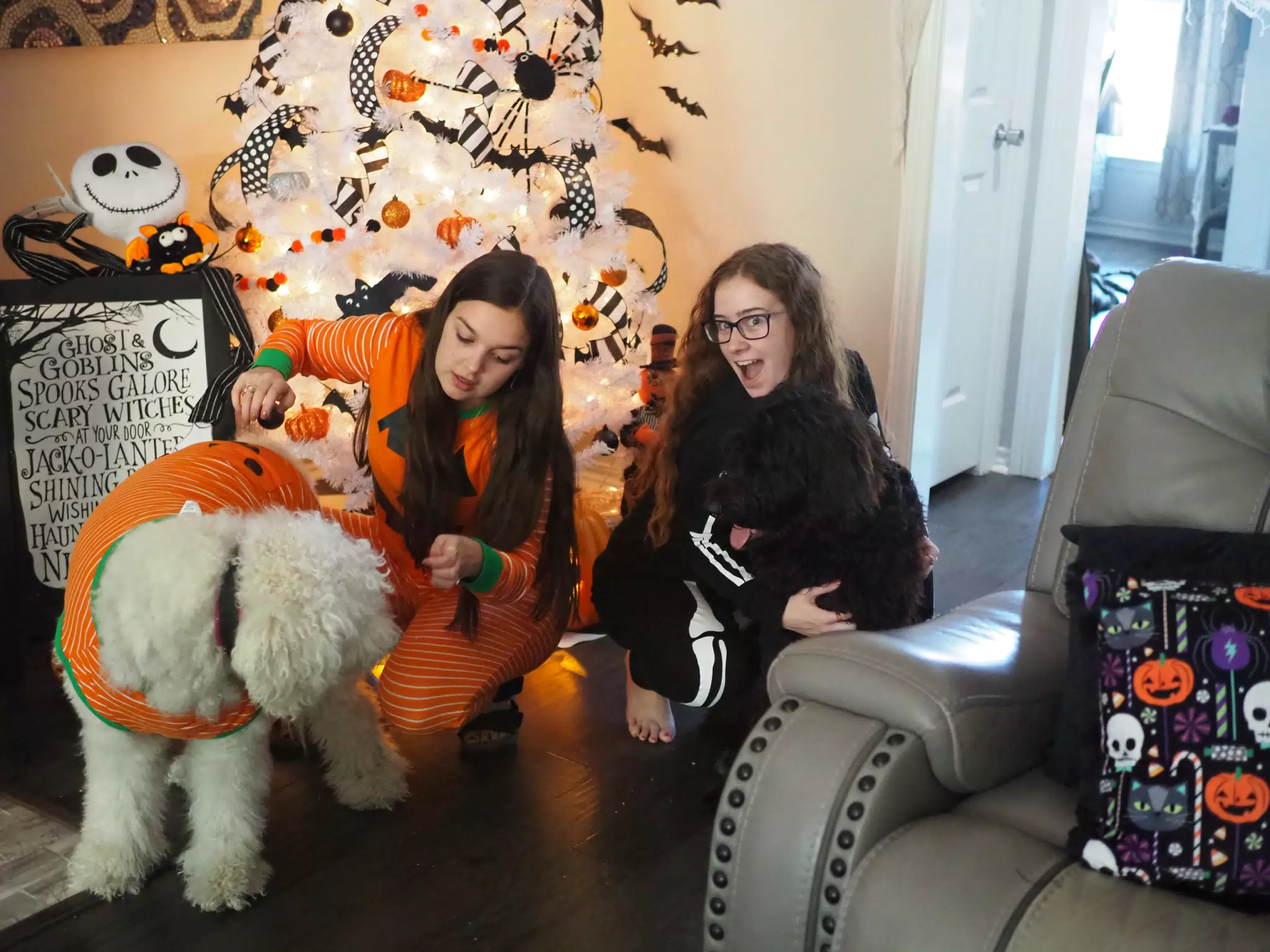 Madeline & Emily w Dogs in Halloween Pajama Photoshoot