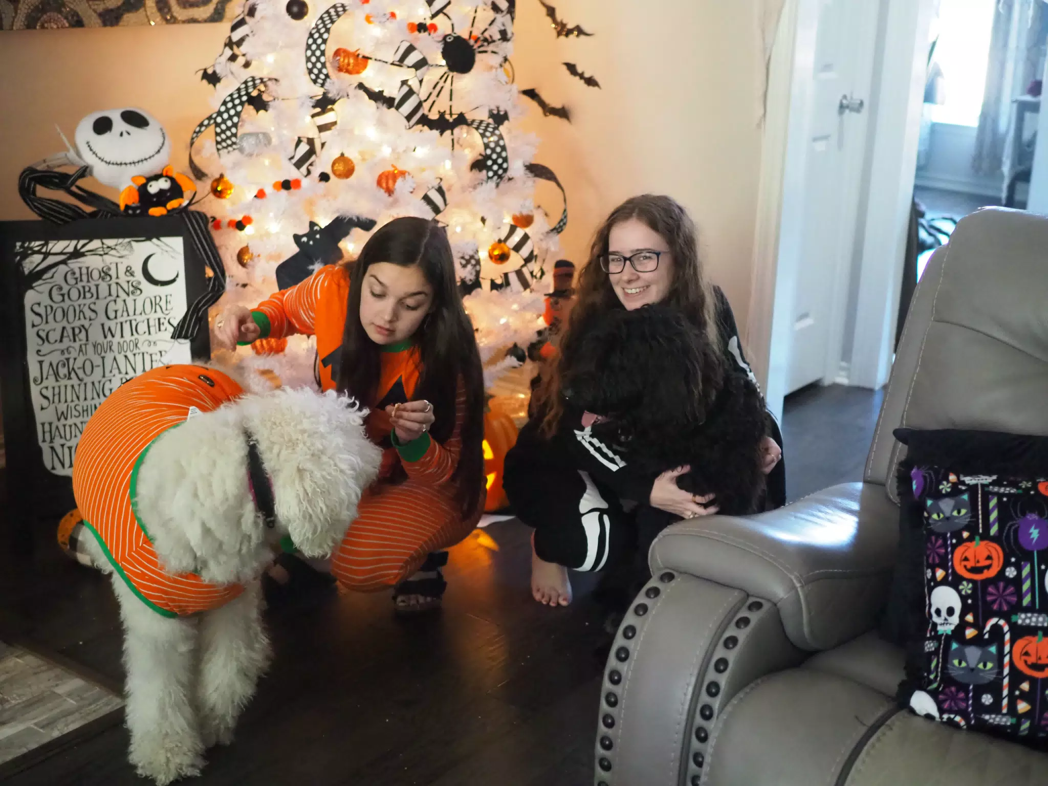 Madeline & Emily w Dogs in Halloween Pajama Photoshoot