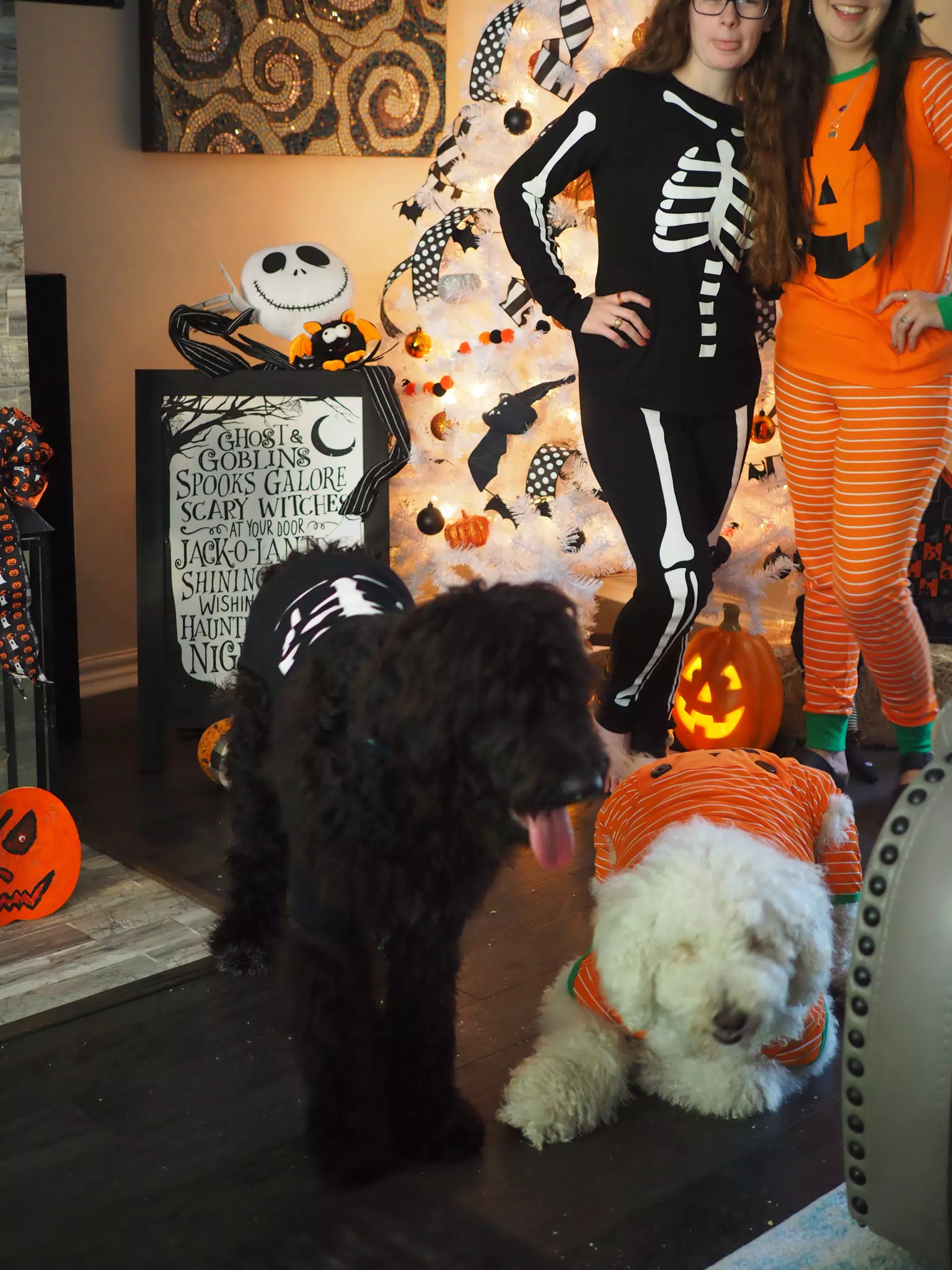 Madeline & Emily w Dogs in Halloween Pajama Photoshoot