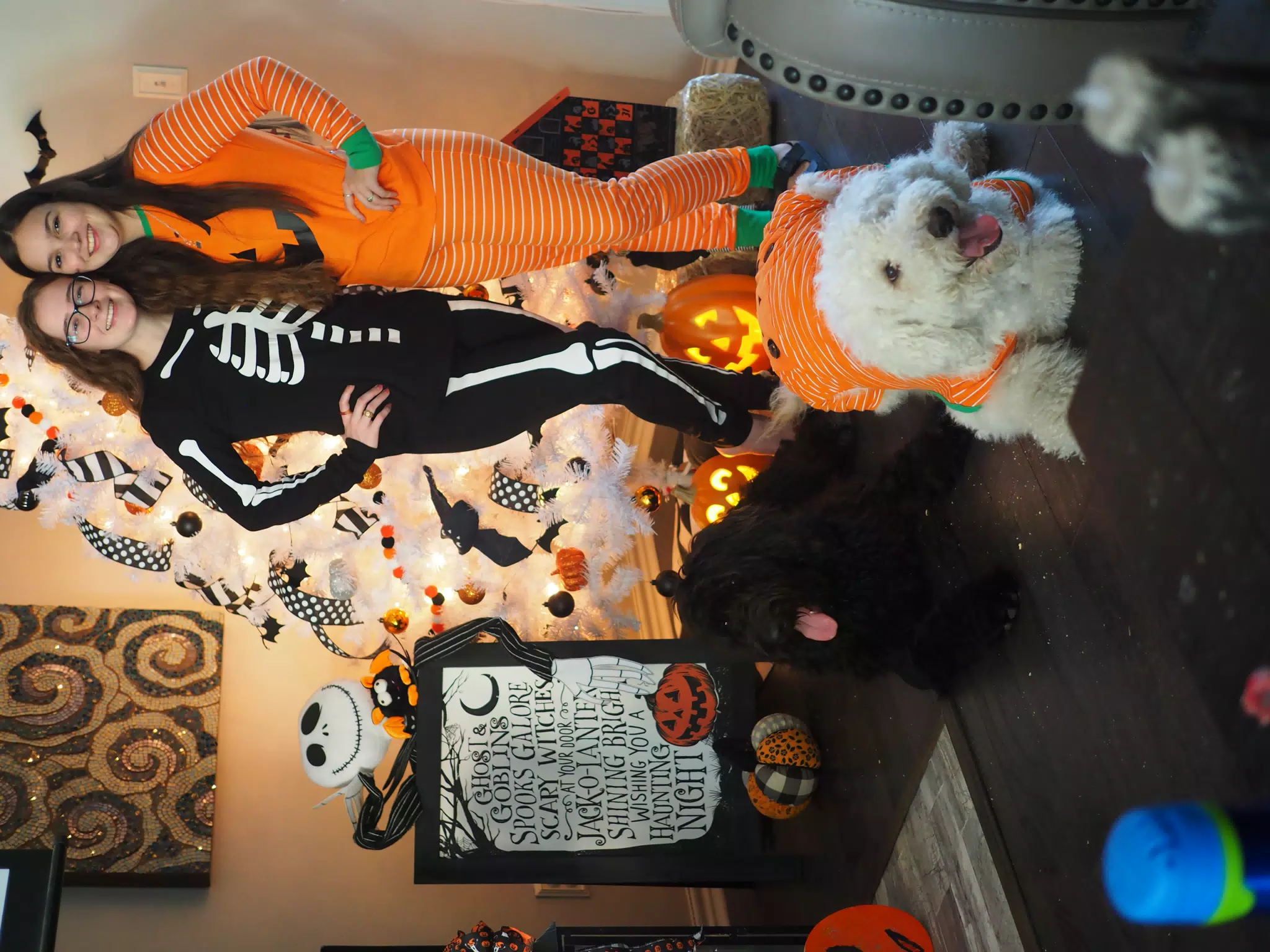 Madeline & Emily w Dogs in Halloween Pajama Photoshoot