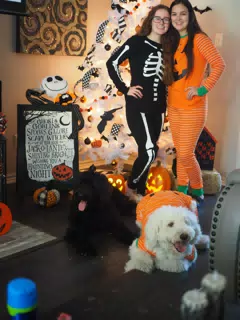Madeline & Emily w Dogs in Halloween Pajama Photoshoot
