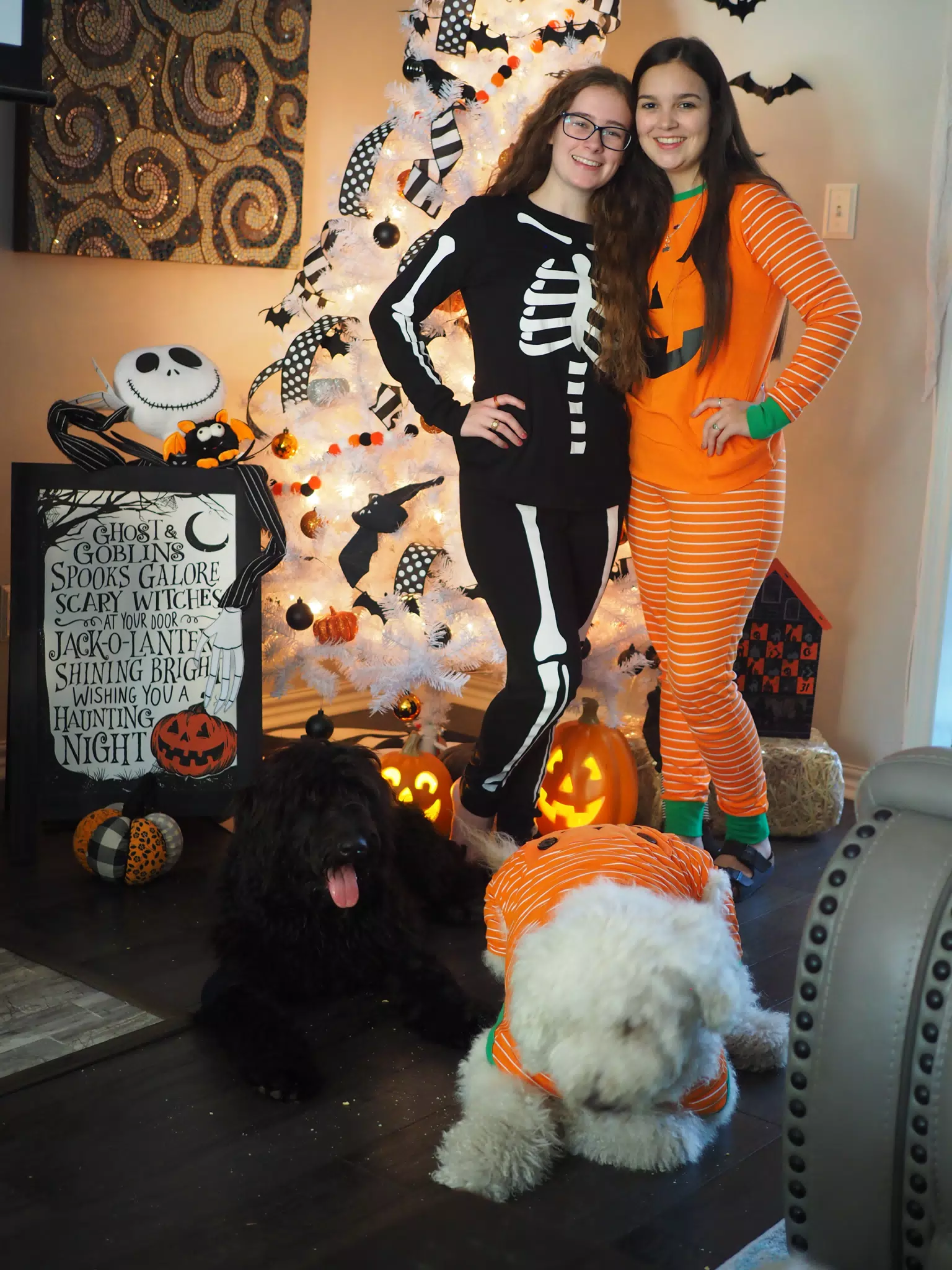 Madeline & Emily w Dogs in Halloween Pajama Photoshoot