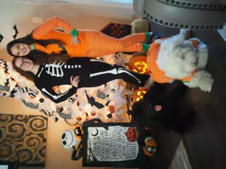 Madeline & Emily w Dogs in Halloween Pajama Photoshoot