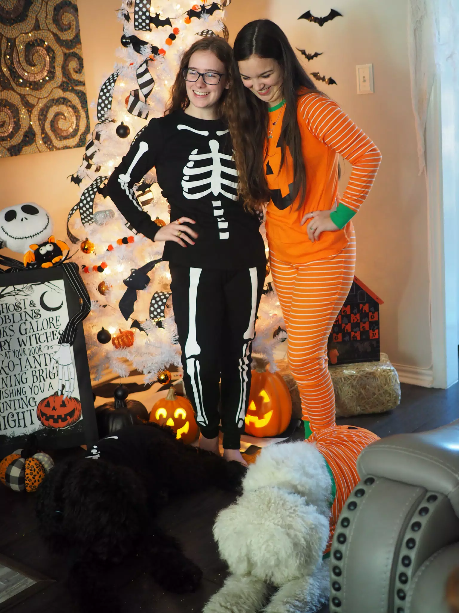 Madeline & Emily w Dogs in Halloween Pajama Photoshoot