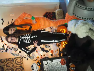 Madeline & Emily w Dogs in Halloween Pajama Photoshoot