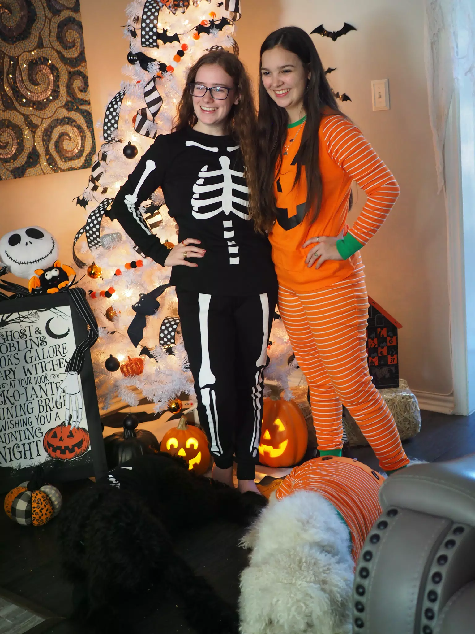 Madeline & Emily w Dogs in Halloween Pajama Photoshoot