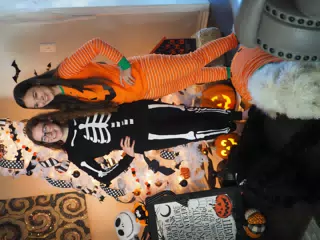 Madeline & Emily w Dogs in Halloween Pajama Photoshoot