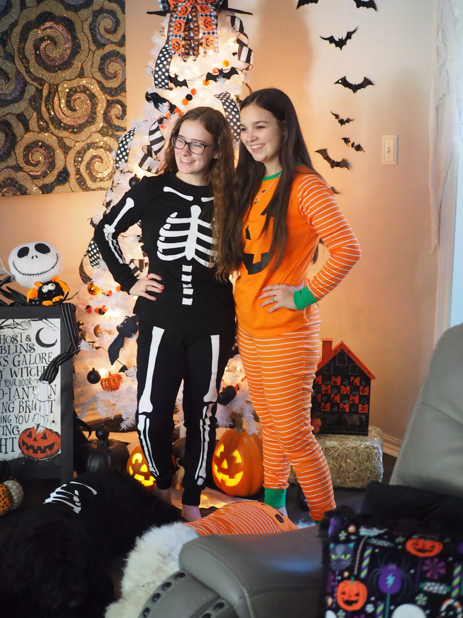 Madeline & Emily w Dogs in Halloween Pajama Photoshoot