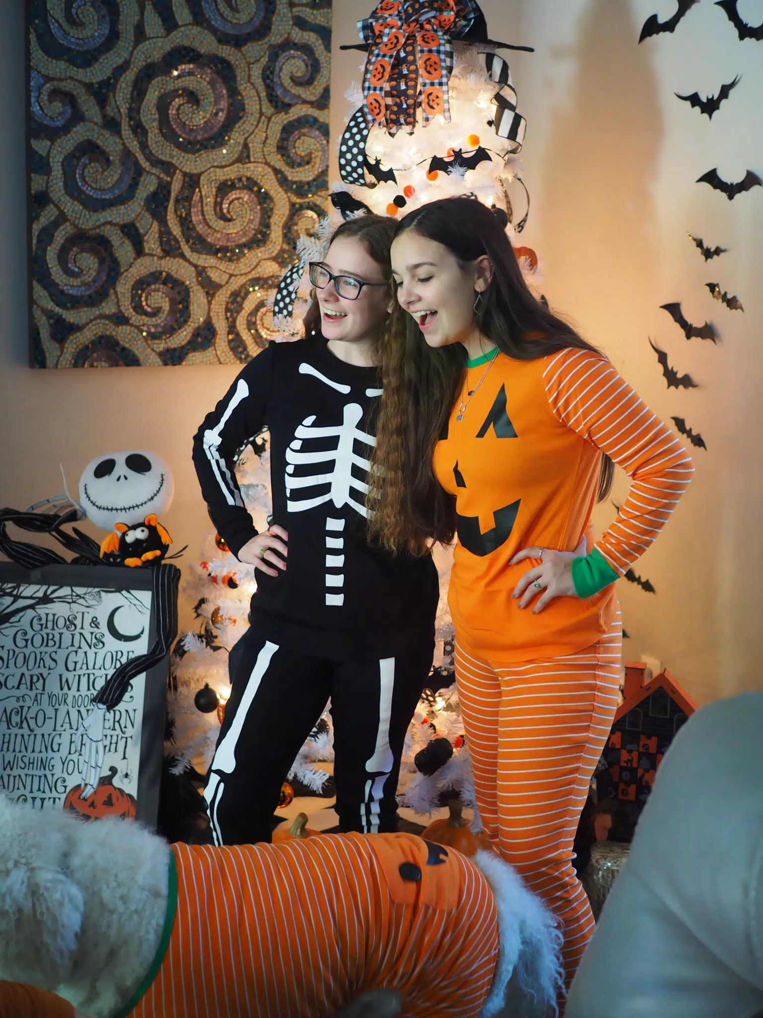 Madeline & Emily w Dogs in Halloween Pajama Photoshoot