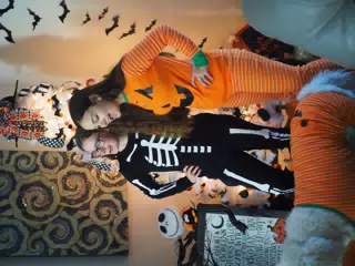 Madeline & Emily w Dogs in Halloween Pajama Photoshoot