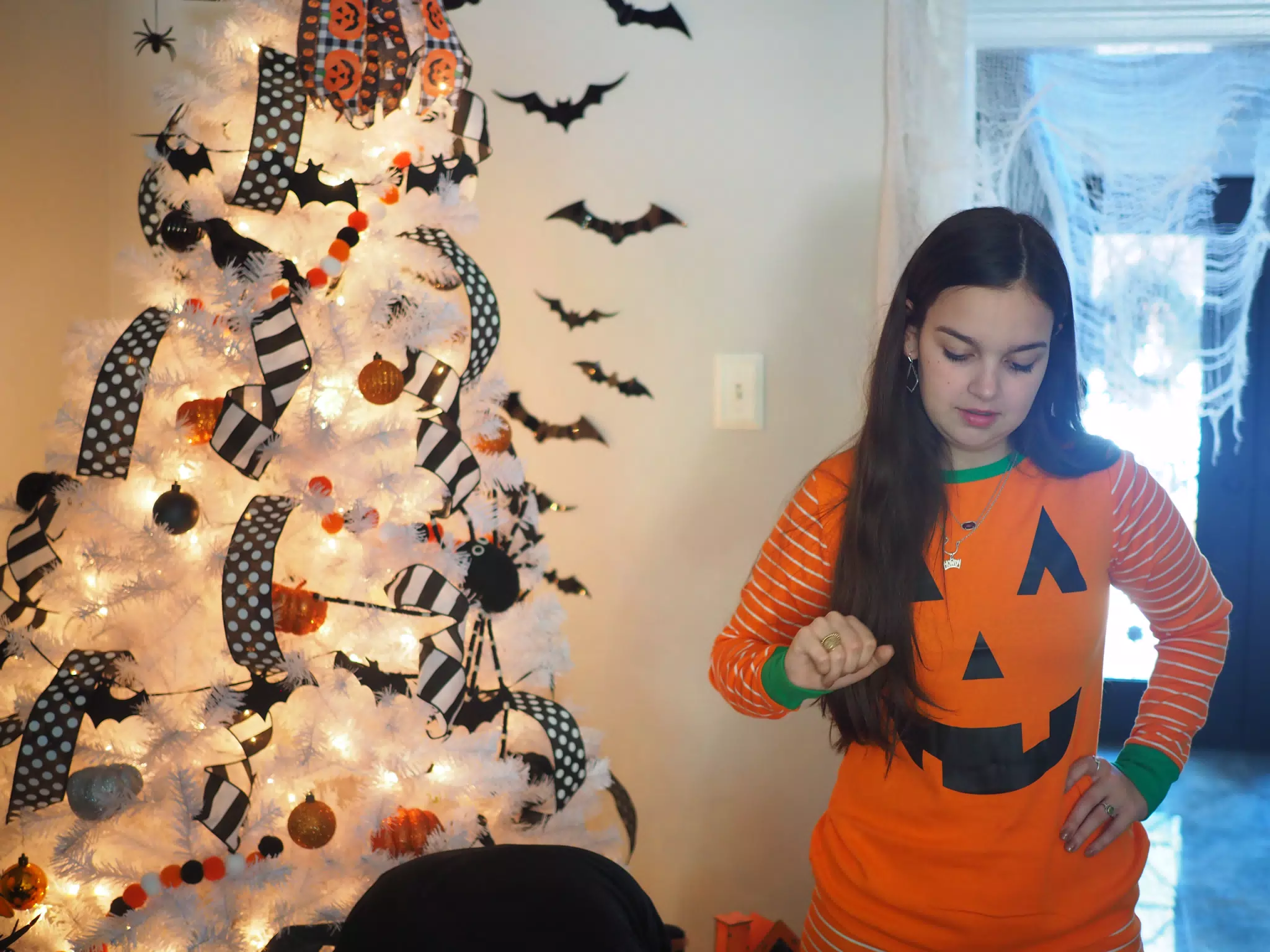 Madeline & Emily w Dogs in Halloween Pajama Photoshoot