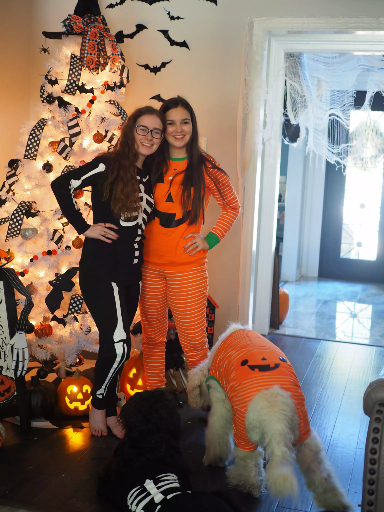 Madeline & Emily w Dogs in Halloween Pajama Photoshoot
