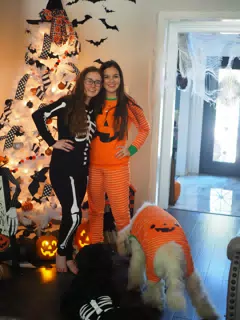 Madeline & Emily w Dogs in Halloween Pajama Photoshoot