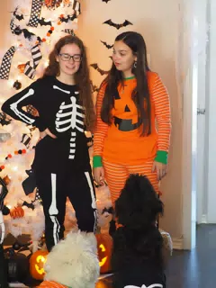 Madeline & Emily w Dogs in Halloween Pajama Photoshoot
