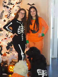 Madeline & Emily w Dogs in Halloween Pajama Photoshoot
