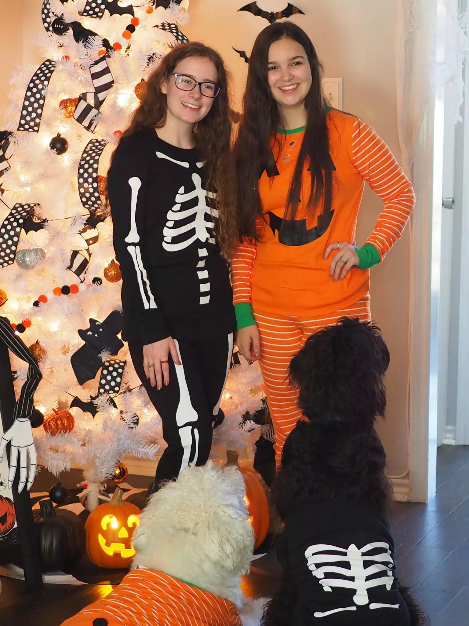 Madeline & Emily w Dogs in Halloween Pajama Photoshoot