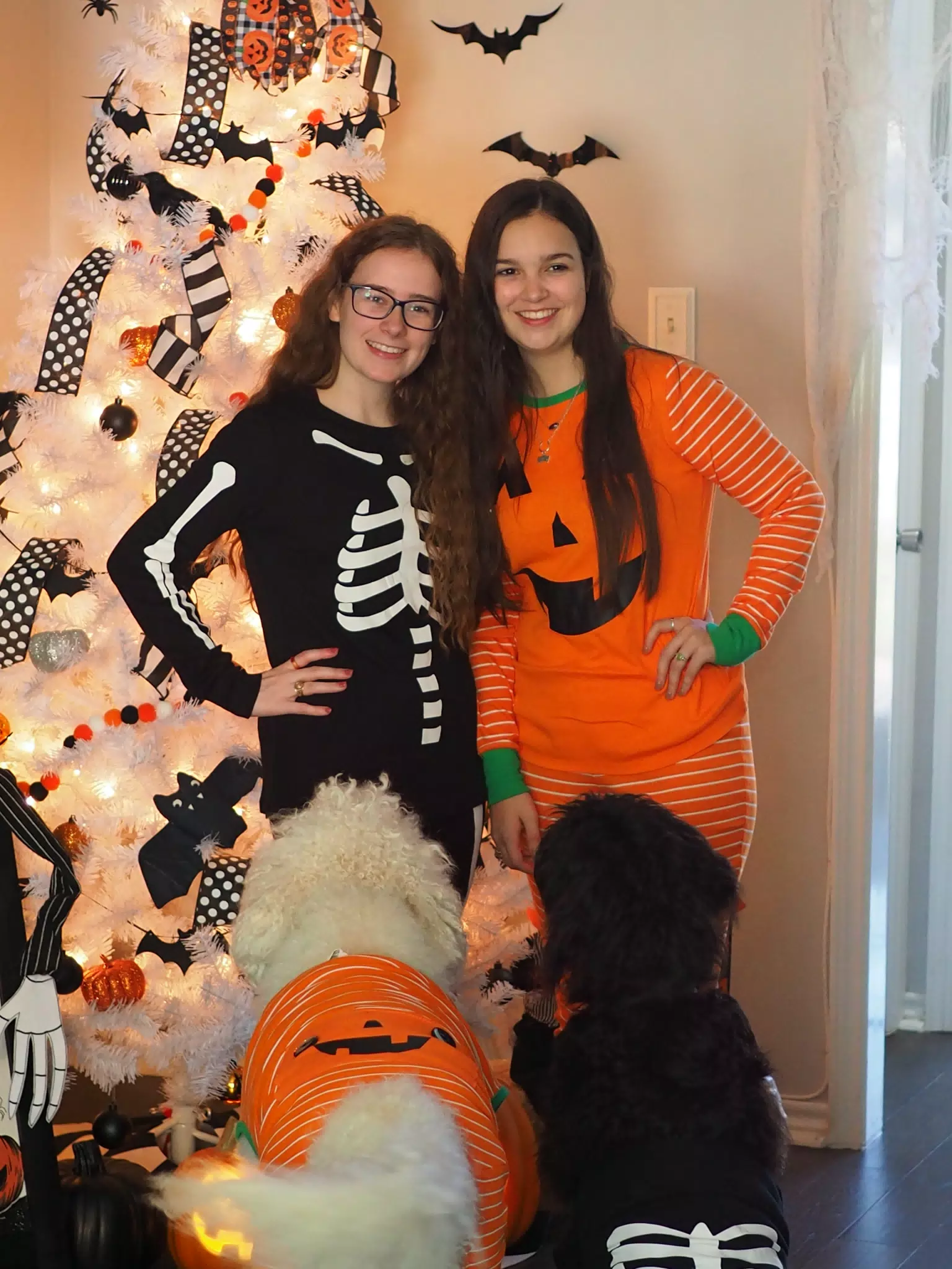 Madeline & Emily w Dogs in Halloween Pajama Photoshoot