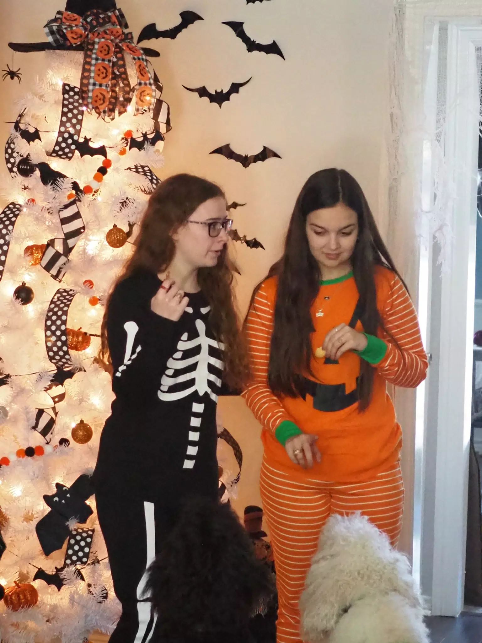 Madeline & Emily w Dogs in Halloween Pajama Photoshoot