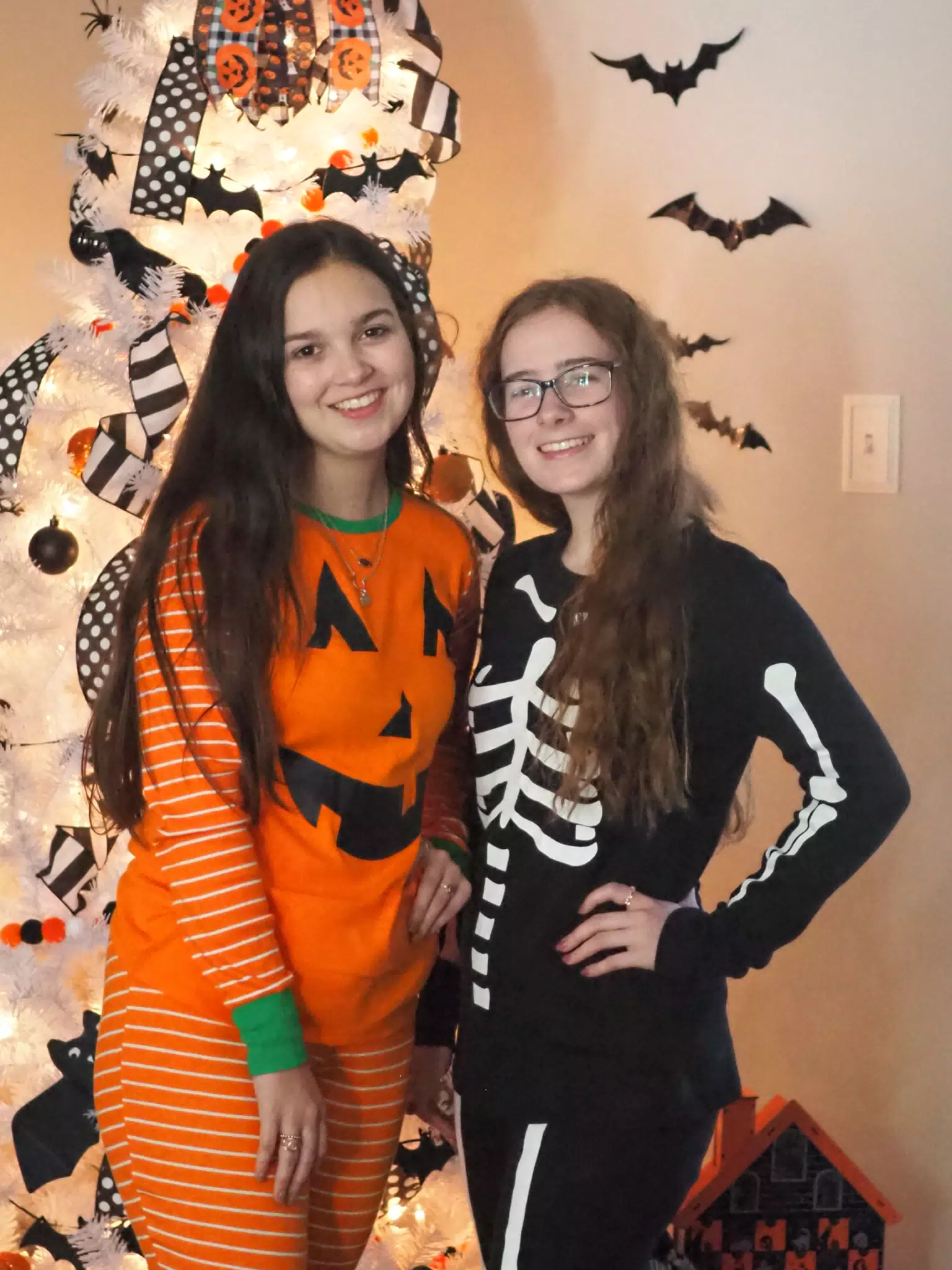 Madeline & Emily w Dogs in Halloween Pajama Photoshoot