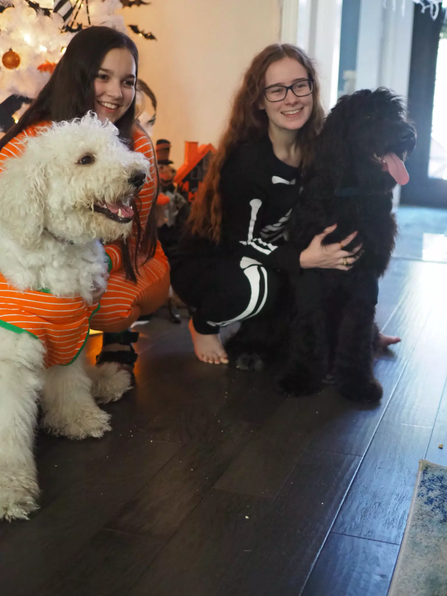 Madeline & Emily w Dogs in Halloween Pajama Photoshoot